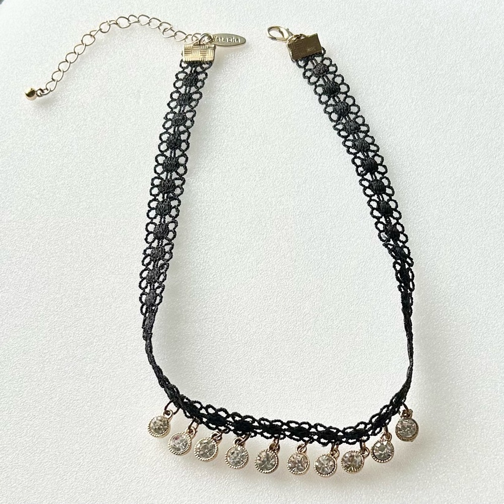 NATASHA Black Lace Choker Collar Necklace with Dangling Rhinestones 13” to 16”